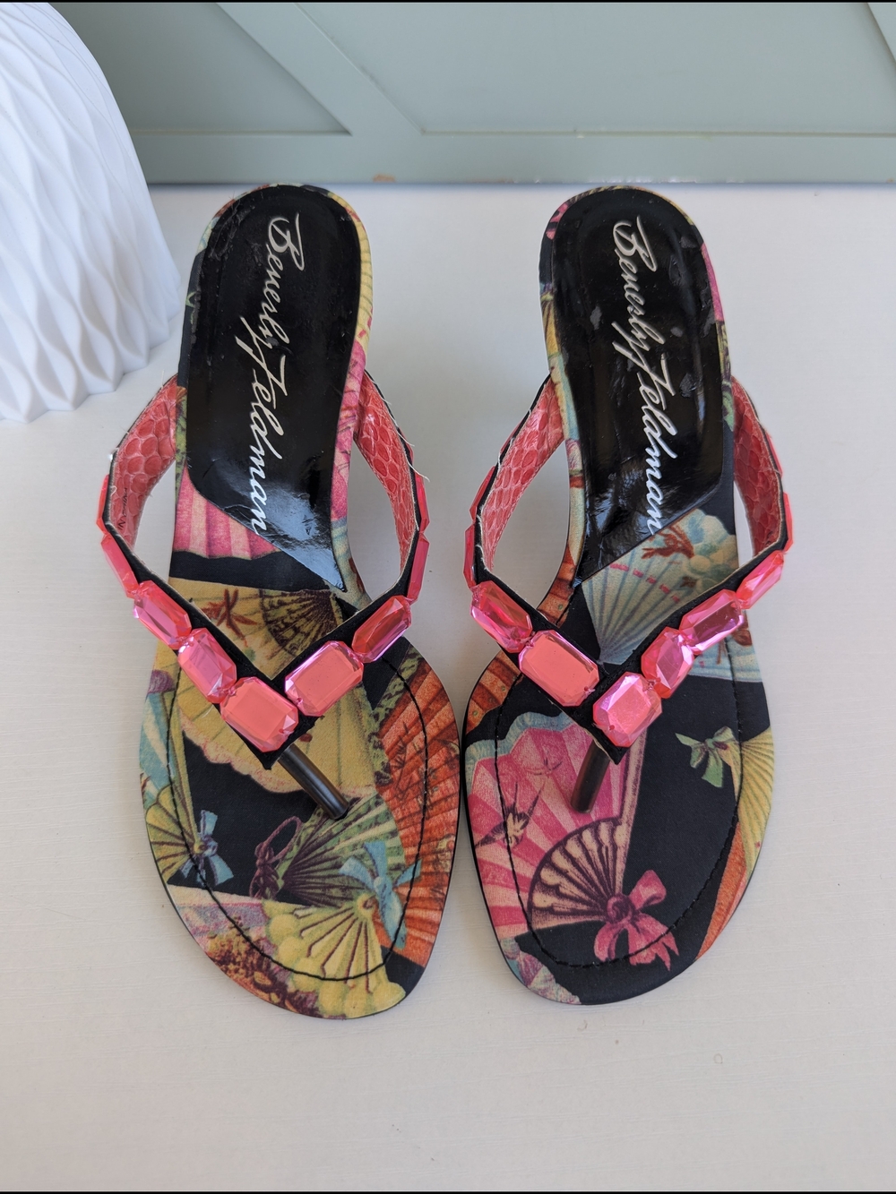 Beverly Feldman Pink Jeweled Floral Flip-Flop Sandals